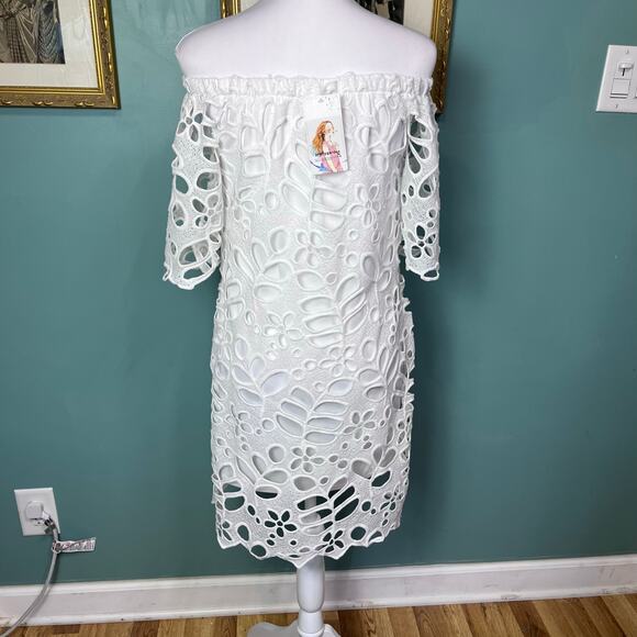 PrettyGarden S cottagecore White Lace Off Shoulder Mini Dress Floral Cutout - Picture 5 of 9